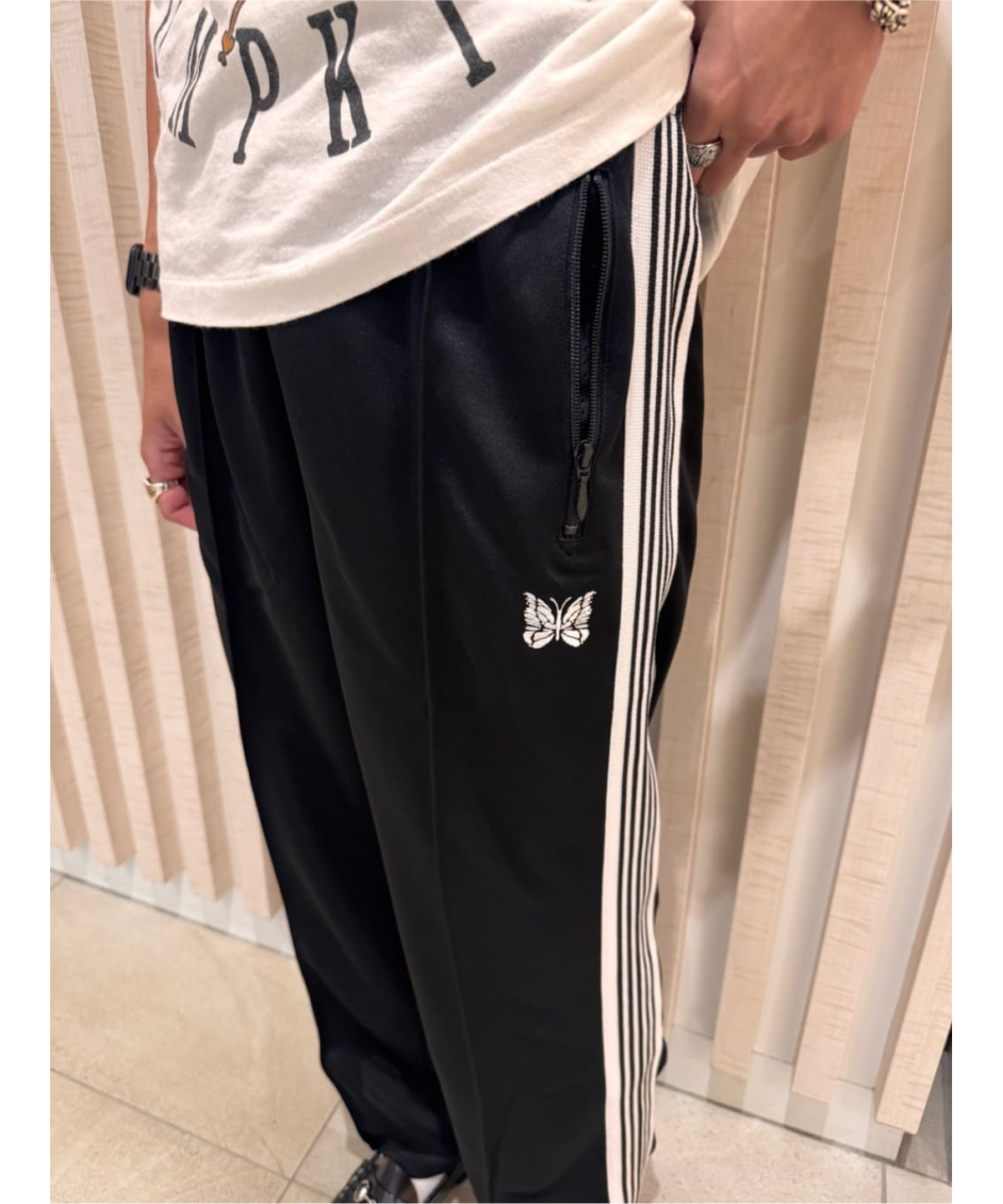 Needles × FREAK'S STORE Track Pant PolySmooth Black White Line